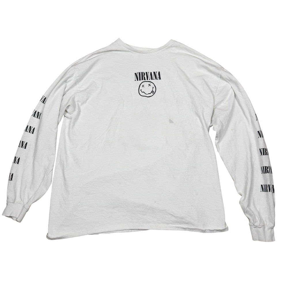 Nirvana Smiley Face Long Sleeve Graphic T-Shirt White Distressed 2017 Mens